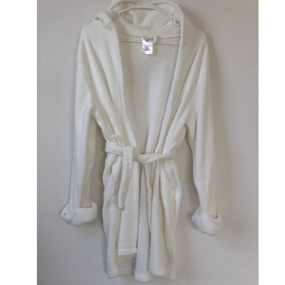 Gap Kids White Fleece Hooded Bathrobe Size 14 Recycled Polyester Tie Waist Robe